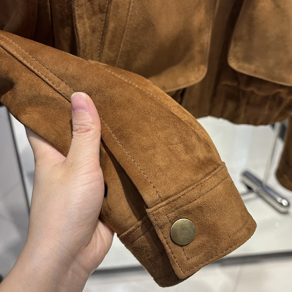 YOLOAgain 2026 Spring Short Suede Bomber Jacket Women Genuine Sheepskin Leather Jacket Ladies