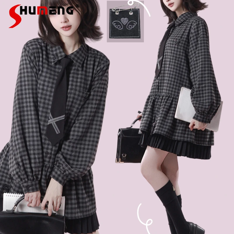 

Japanese Style Gray And Black Plaid Dress Design Sense Patchwork Pleated Tie Two Pieces Set Y2k Single-breasted Shirt Dresses