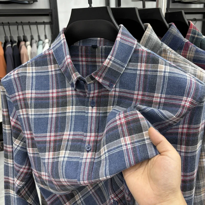 

100Cotton High Quality Men's Lapel Contrast Plaid Long Sleeve Shirt Autumn New Matted Breathable Fashion Casual Trend Menswear