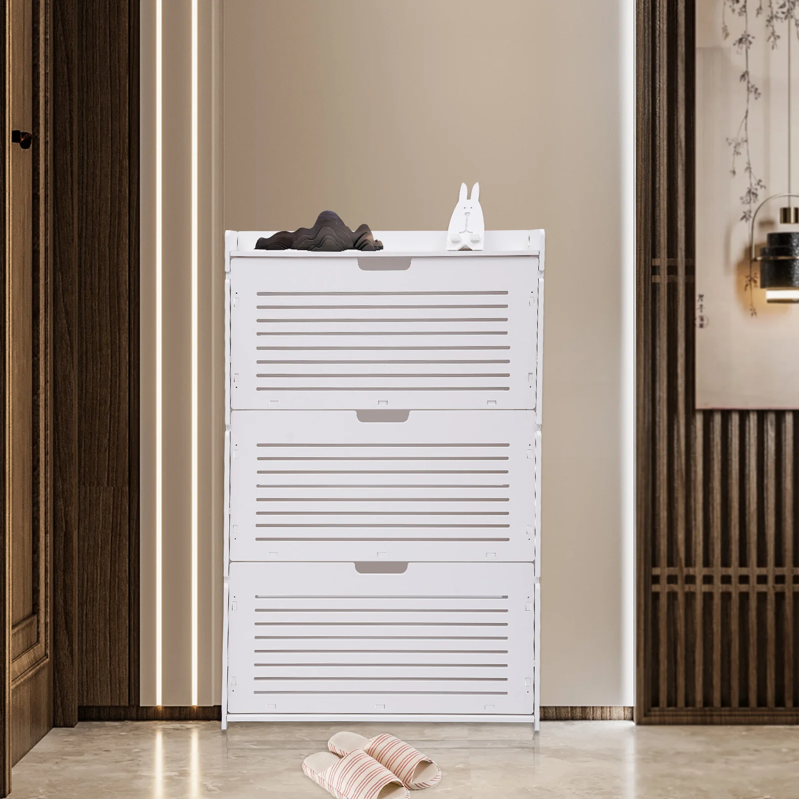 Modern Shoe Storage Cabinet, White Tipping Shoe Cabinet, Shoe Rack for Entryway, Ultra-Thin Shoe Cabinet, 3-Layer Shoe O