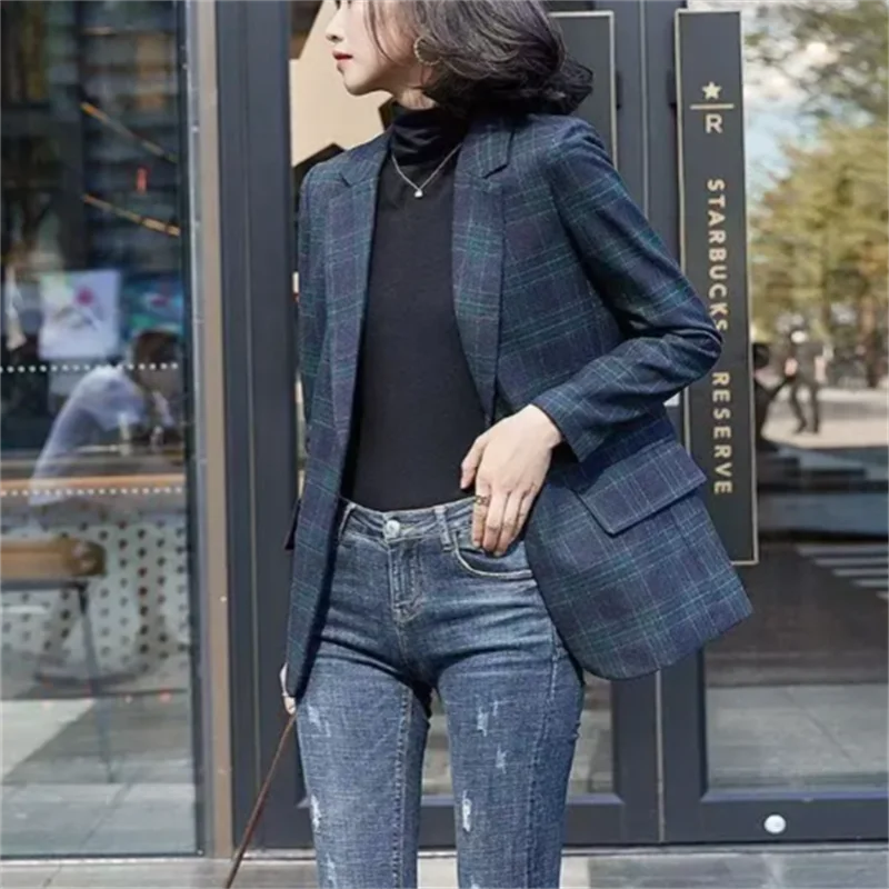 

Винтажный женский блейзер в клетку, модный пиджак, тонкое пальто с лоскутными вставками и карманами, повседневная верхняя одежда OLCasual
