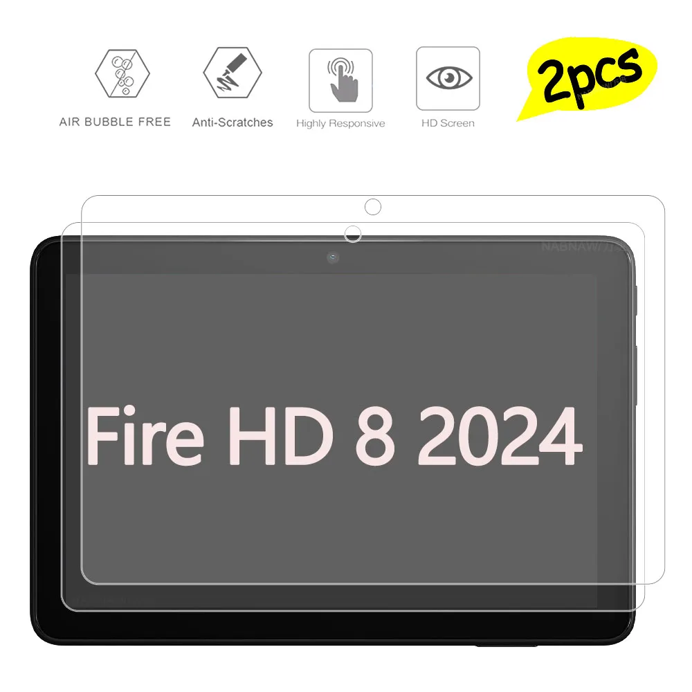 2 Pieces HD Scratch Proof Tempered Glass Screen Protector For New Amazon Fire HD 8 2024 Tablet Hard Clear Film