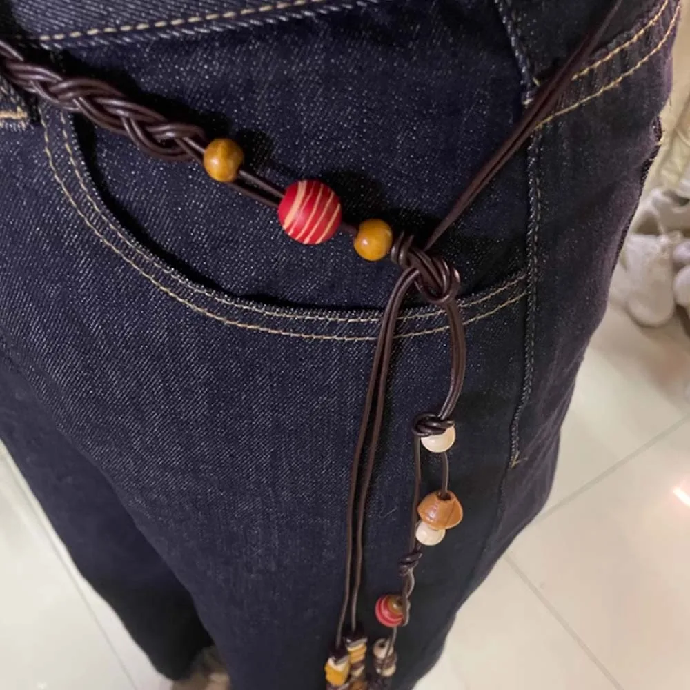 خمر الراتنج الخشب الخرز حزام بولي Adjustable العرقية نمط النسيج حزام الجينز ديكور البني الرجعية شرابة الخصر سلسلة حلية