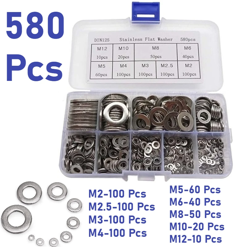 

580Pcs Assorted 304 Stainless Steel Flat Washers Assortment Set M2-M12 Fastener Round Spacer for Home Decoration Factory Repair