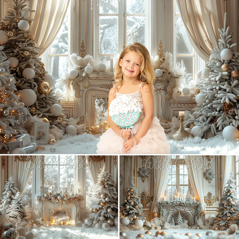 

Winter Christmas Backdrop White Christmas Garland Candles Windowsill Wood Paneling Curtains Background Photo Studio Photocall