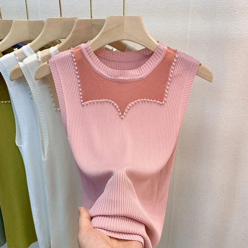 

New Slim Ice Silk T-shirt Women Sweater Pullover Summer Sleeveless Temperament Knitted Thin Jumper Knitwear Ladies Clothing