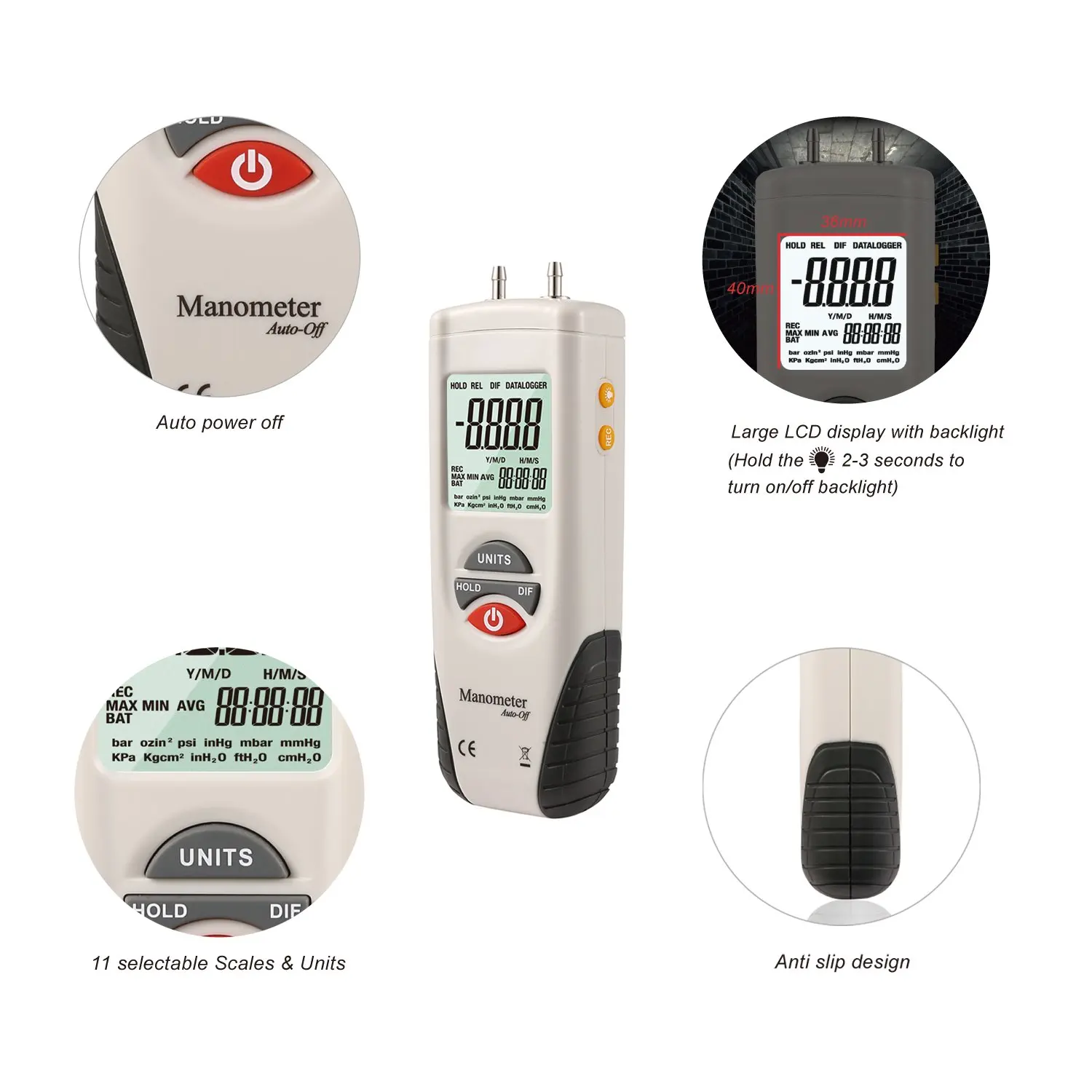 Hti Digital Manometer Air Pressure Gauge Pressure Gauges Differential Natural Gas Pressure Gauge Meter Measurement HT-1890