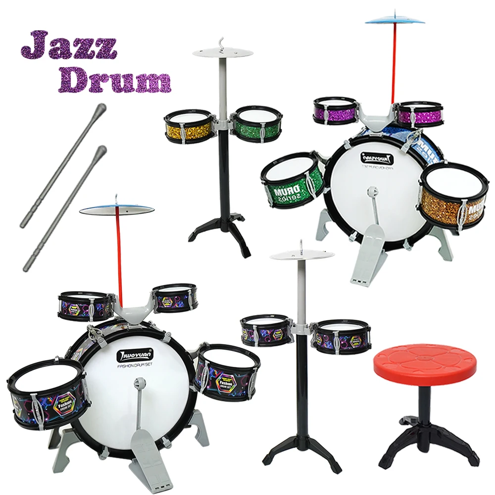 Kids Drum Set Toddler Jazz 7 Drums With Small Stool Drum Stick Set Music Instrument Educational Toy Beginners Montessori Gift