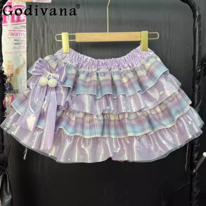 Minigonne alla moda a vita alta Y2k per ragazze Gonna Lolita estiva con volant giapponese Gonna da torta con fiocco con stampa dolce e carina da donna