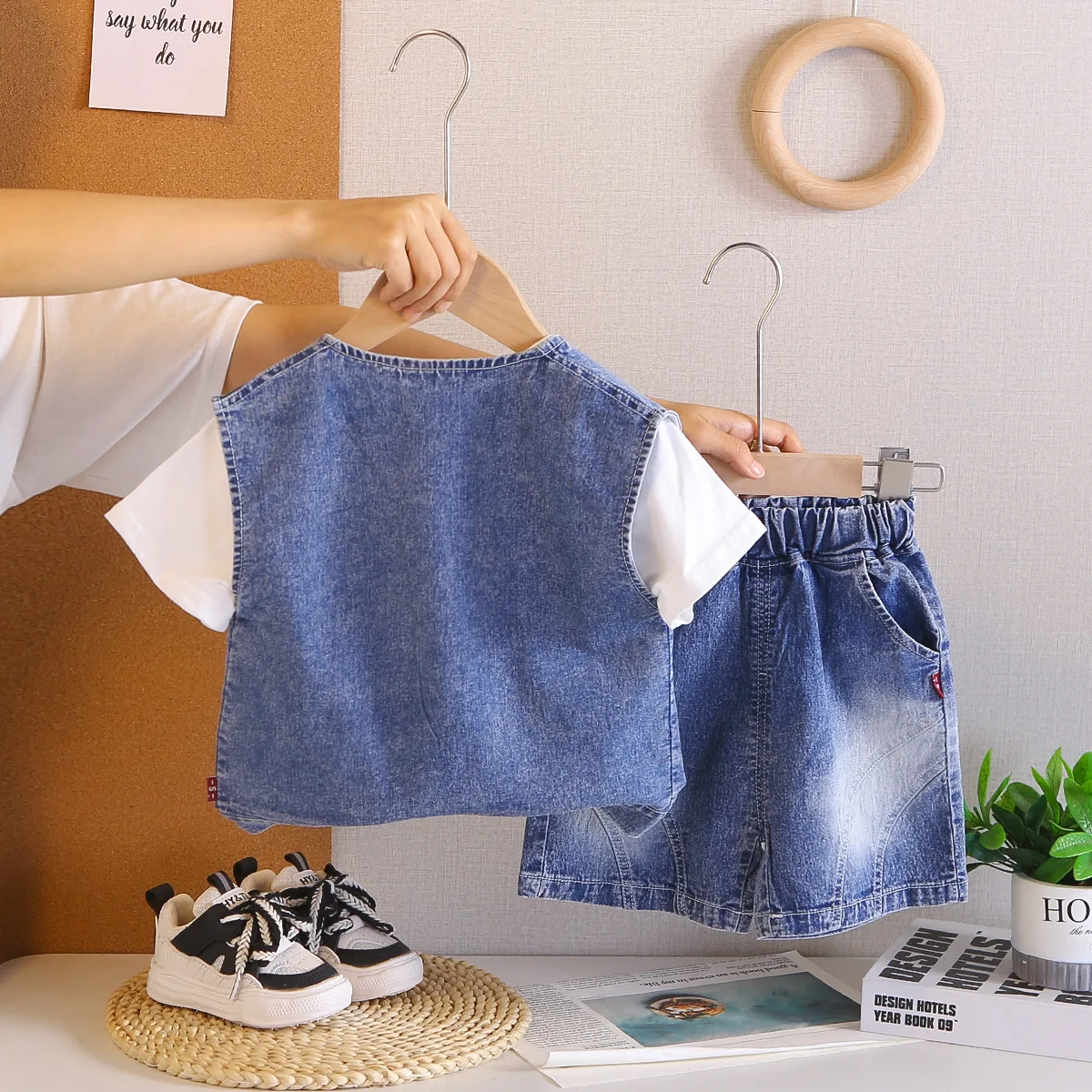 Children's Summer Suit 2026 Korean Embroidered Letter Denim Vest + White T-shirts + Shorts Three Piece Set New Baby Boys Outfits