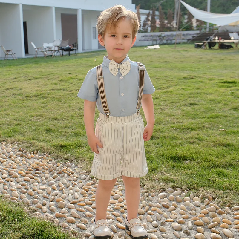 Boys Summer Photograph Suit Children Formal Kid Boy Wedding Performance Suit Kids Formal Strap Shirt Shorts Bowtie Clothing Set