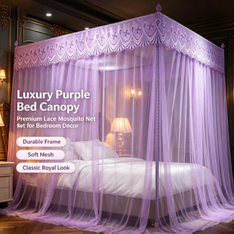 Square Mosquito Net with Floral Lace, 3-Door Design for 1.5m/1.8m Beds, Thickened Metal Frame & Anti-Fall Protection