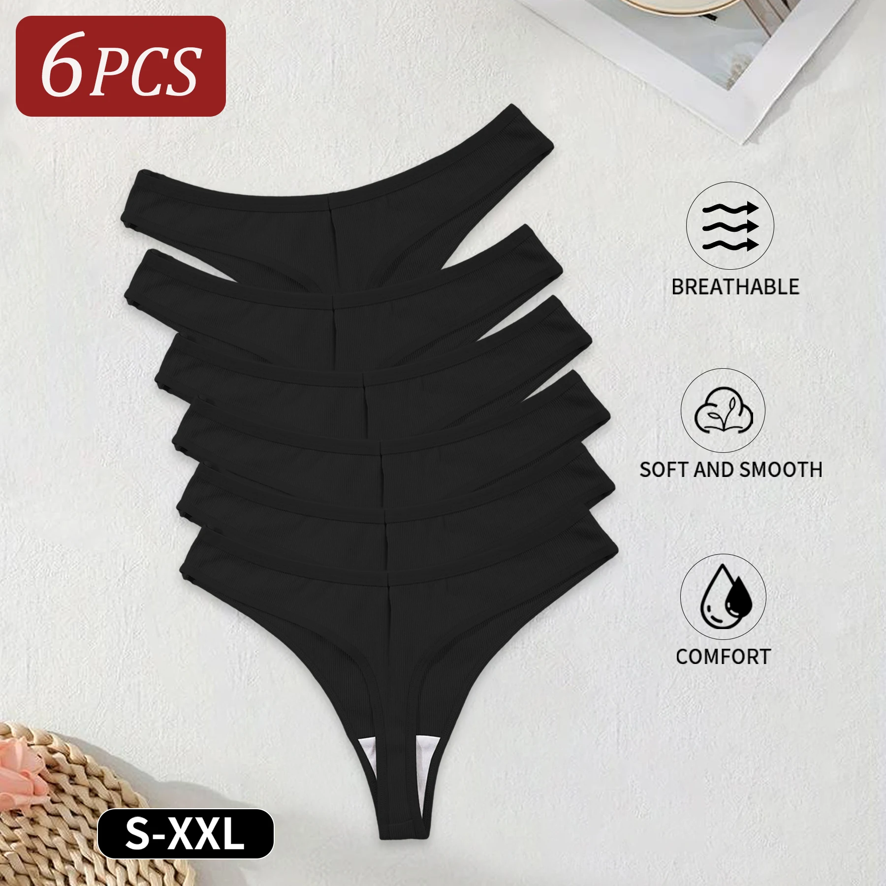 6PCS Black Women's Panties Low Waist Sexy G-String Cotton Briefs Simple Comfortable Breathable Lingerie Female Thong Hot Selling