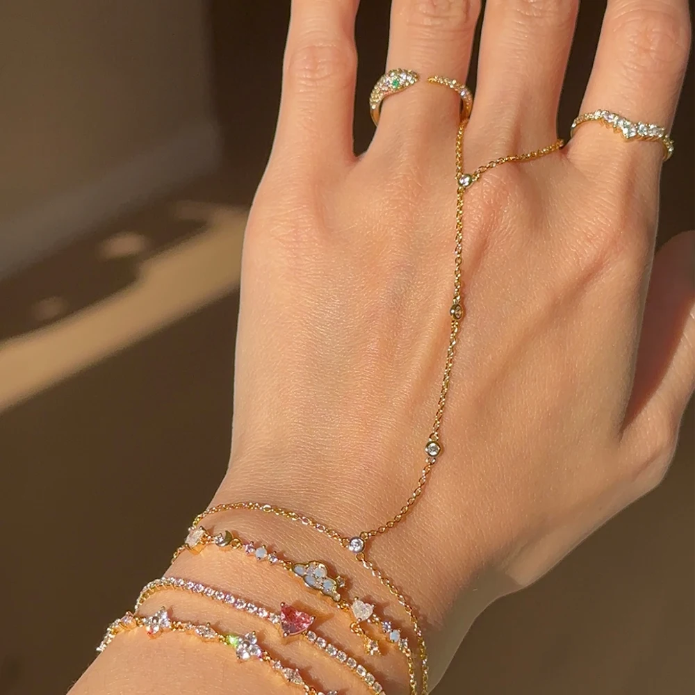 18K Gold Plated Stainless Steel Hand Chain Bracelet Zircon Link Slave Finger Ring Bracelet Fashion Jewelry for Women