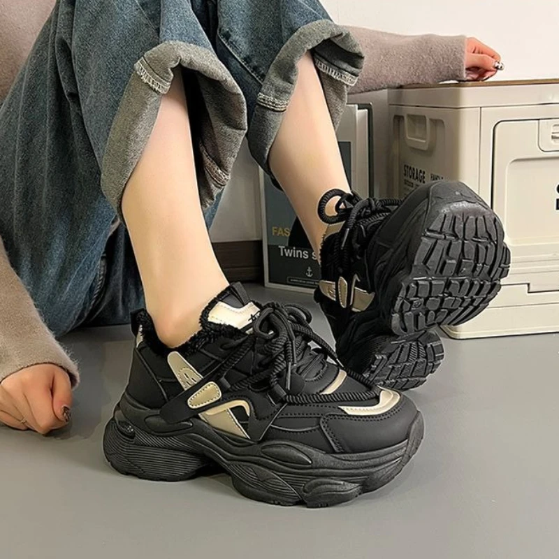 

Women Thick Sole Height Increasing Dad Shoes 2025 Winter New Fleece Lined Sneakers Ins Korean Trendy Student Wear