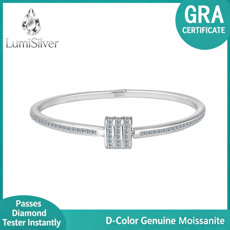 S925 Sterling Silver Moissanite Bangle Bracelet Pave Cylindrical Barrel Clasp Stackable Minimalist Fine Jewelry for Women