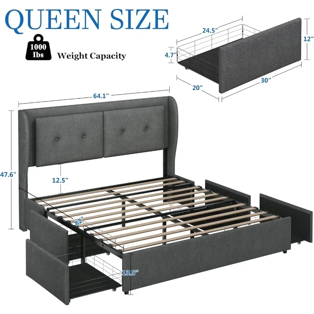 Estrutura de cama queen com armazenamento, cabeceira lateral, estrutura de cama de plataforma, sem necessidade de molas, sem ruído, fácil montagem, estrutura de cama LED