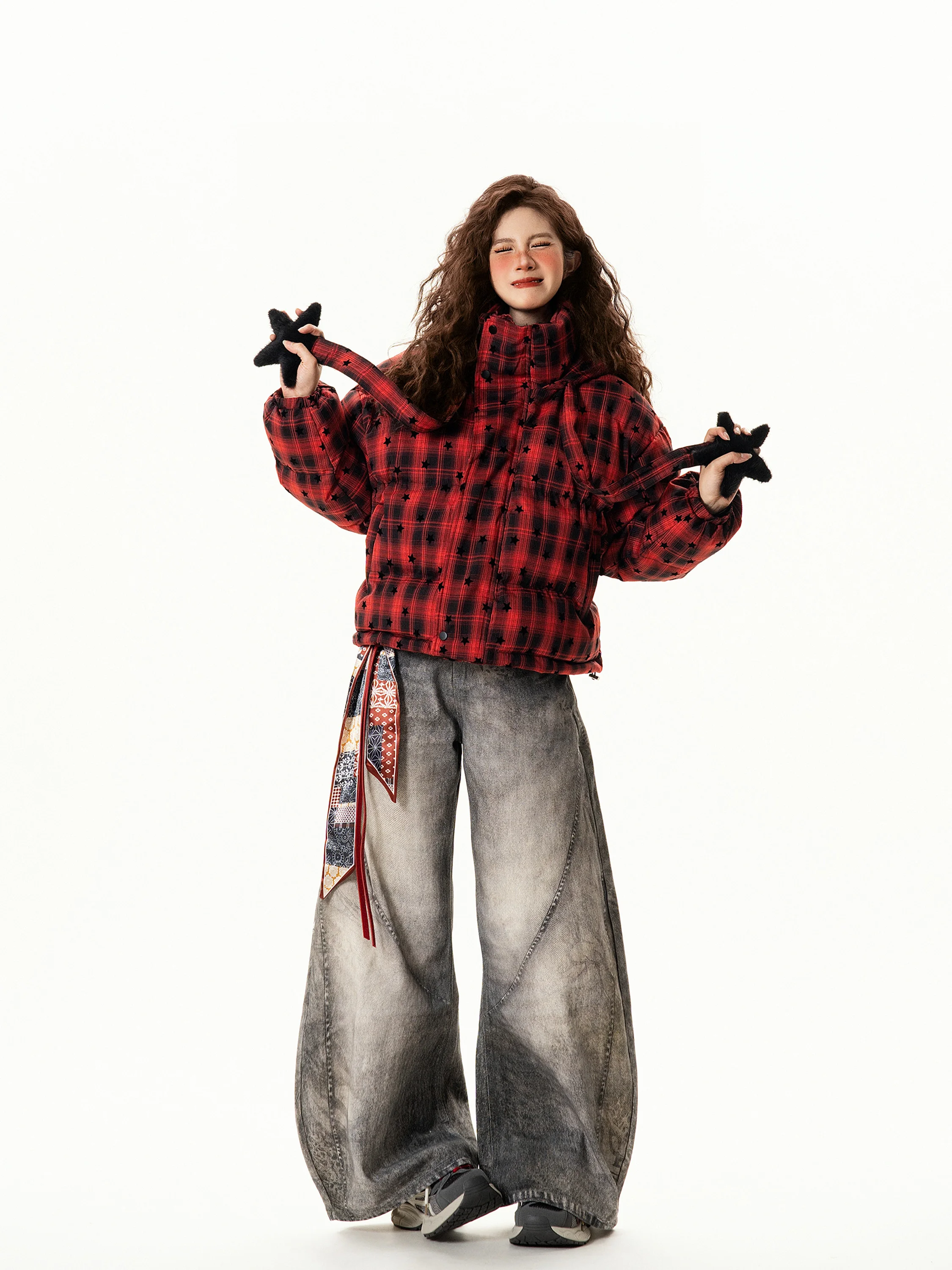 

Retro American Star Plaid Hooded Cotton Jaet Women's Winter Loose Versatile Cotton Coat Street Sle Long Sve Zipper Clo...