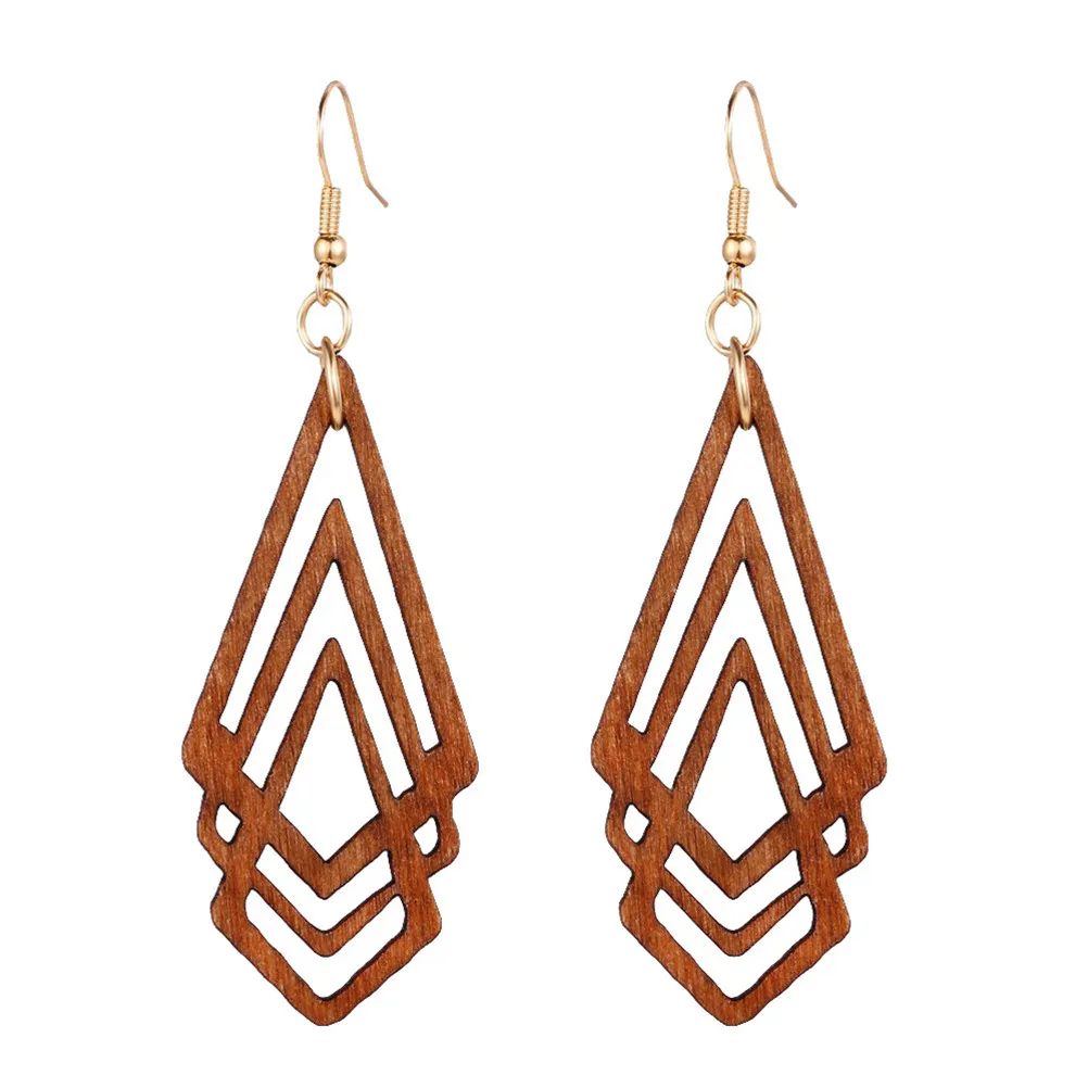 1Pair Rhombus Wooden Ear Jewelry Hollow-Out Ear Drop Earrings Vintage Design Coffee Brown Suitable Wedding Daily