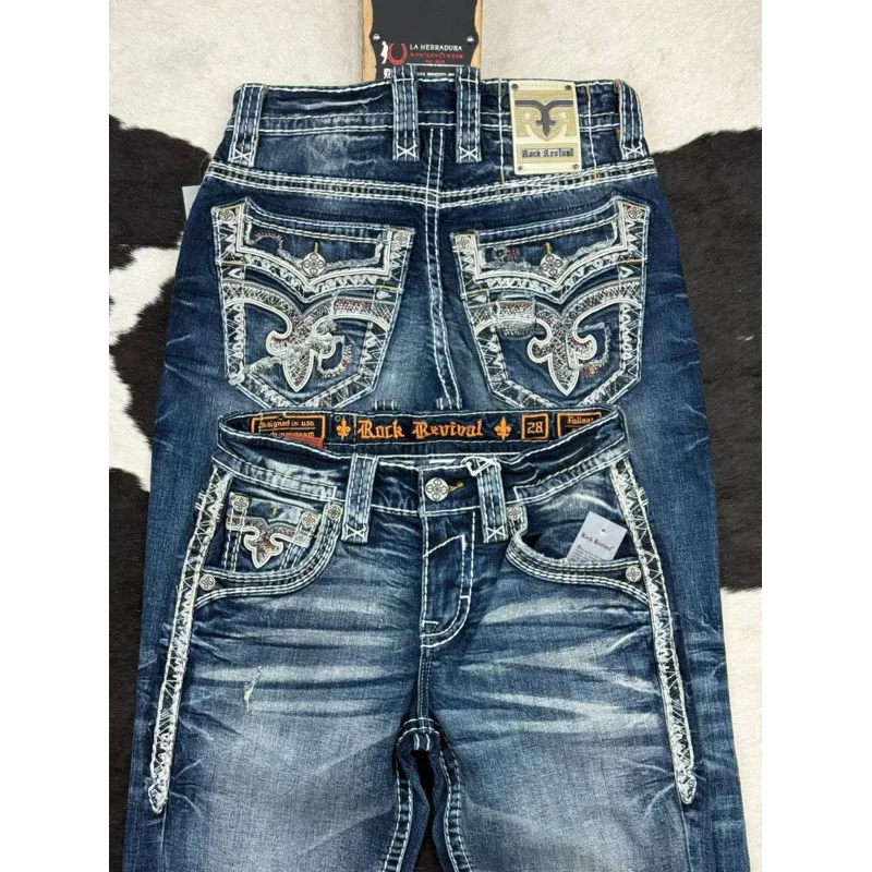 ❤❤2025 Y2K Revival Mens Jeans Foliage Bootcut Women Gothic Blue Denim Embroidery Pocket Hip Hop Harajuku Wide Pants S New ★☆