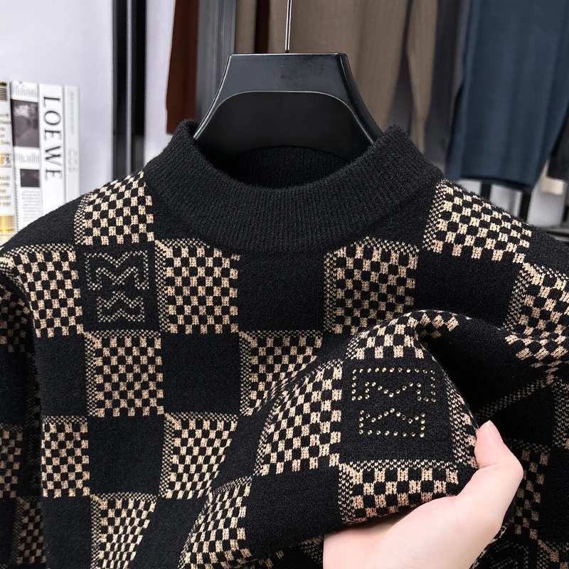 

Checkered Sweater Men's Autumn and Winter New Jacquard Knitted Sweater with Half High Collar and Bottom Layer Woolen Sweater