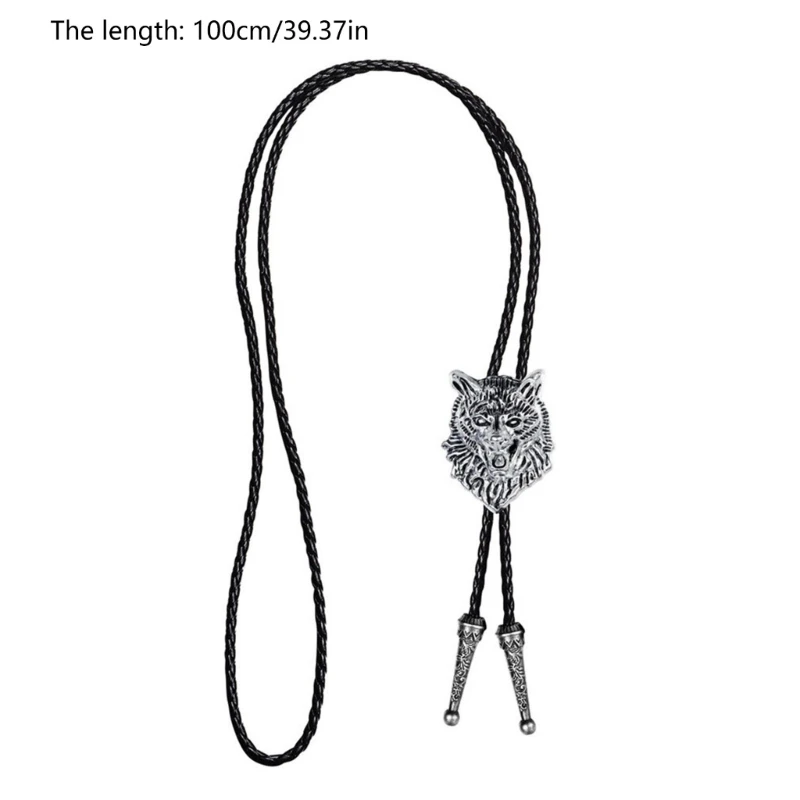 50JB Mens American Leather Rope Bolo Tie Necktie Metal Wolf Head Animal Cowboy Pendant Western Necklace Jewelry Shirt Chain