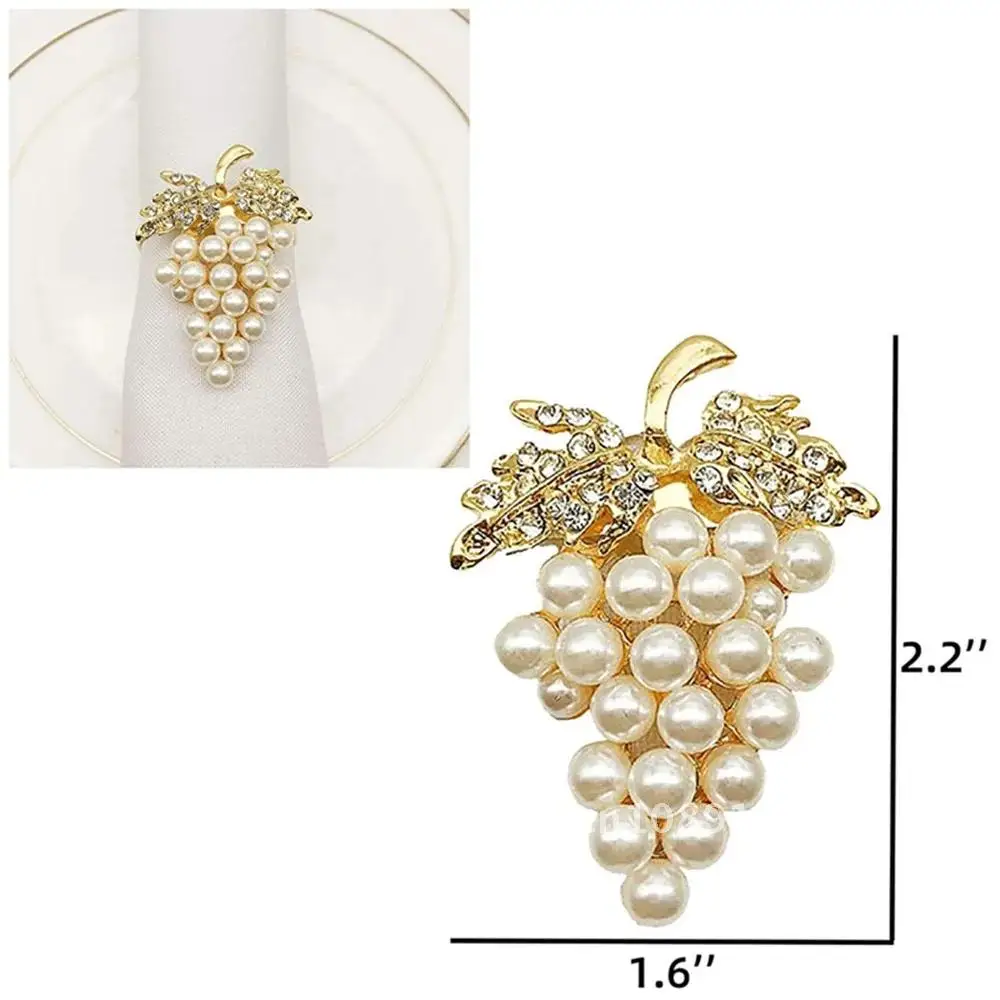 

6pcs Golden Grape Napkin Ring Pearl Rhinestone Napkin Holder Exquisite And Elegant Wedding Hotel Decoration Table Napkin Buckle