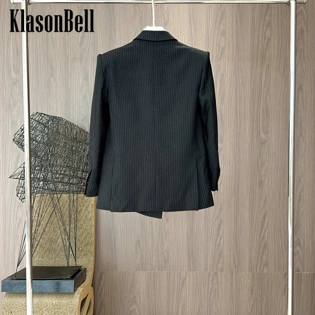 3.21 KlasonBell Wool Blends Striped Office Lady Casual Jacket Women Temperament Shoulder Pads Classic Double Breasted Blazer