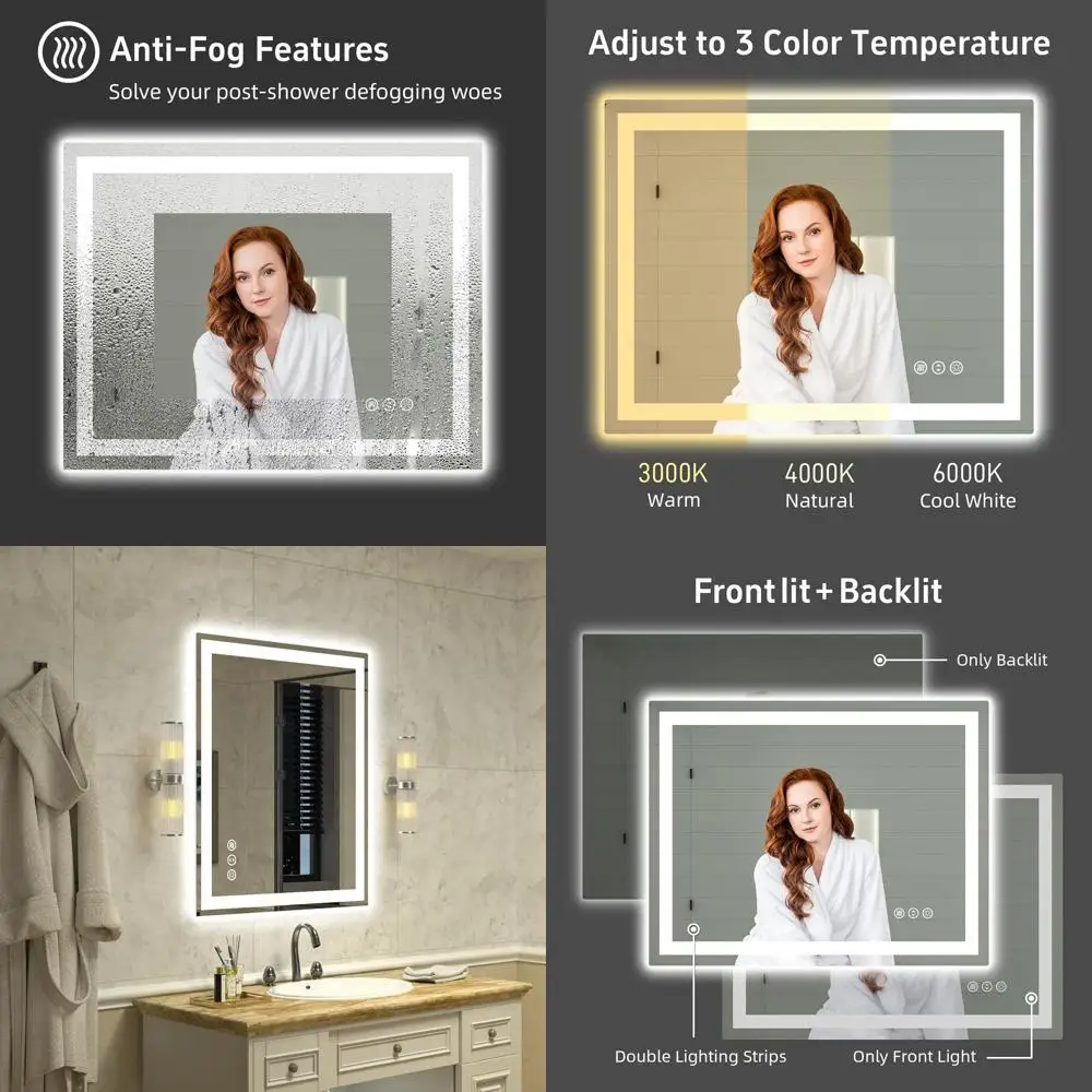 

Зеркало для ванной LED 36x30 дюймов с подсветкой, умное настенное зеркало с регулировкой яркости, антизапотевающее, с задней и фронтальной подсветкой, с функцией памяти настроек