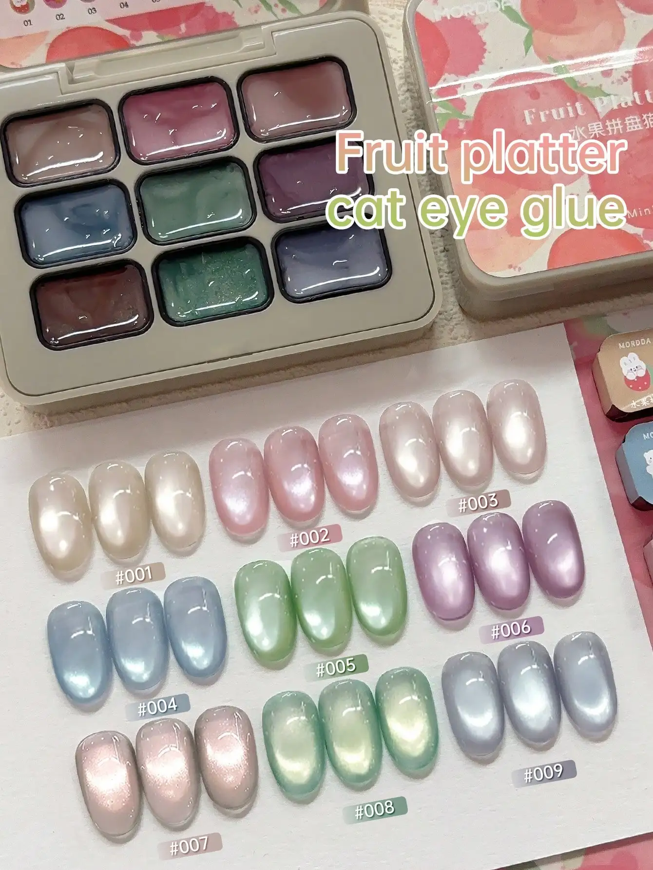 MORDDA9 Uds plato de fruta pegamento de bofetada de ojo de gato difuminado enlatado alta saturación pegamento de esmalte de uñas semisólido salón de uñas