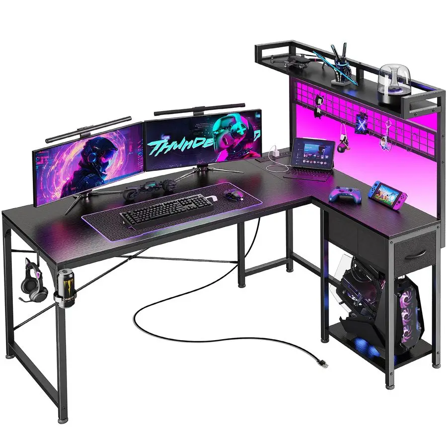 

L Shaped Gaming Desk with Shelves, Corner Computer Table with LED Lights, Power Outlets and USBC Ports, 50 Inch Rev Customizable