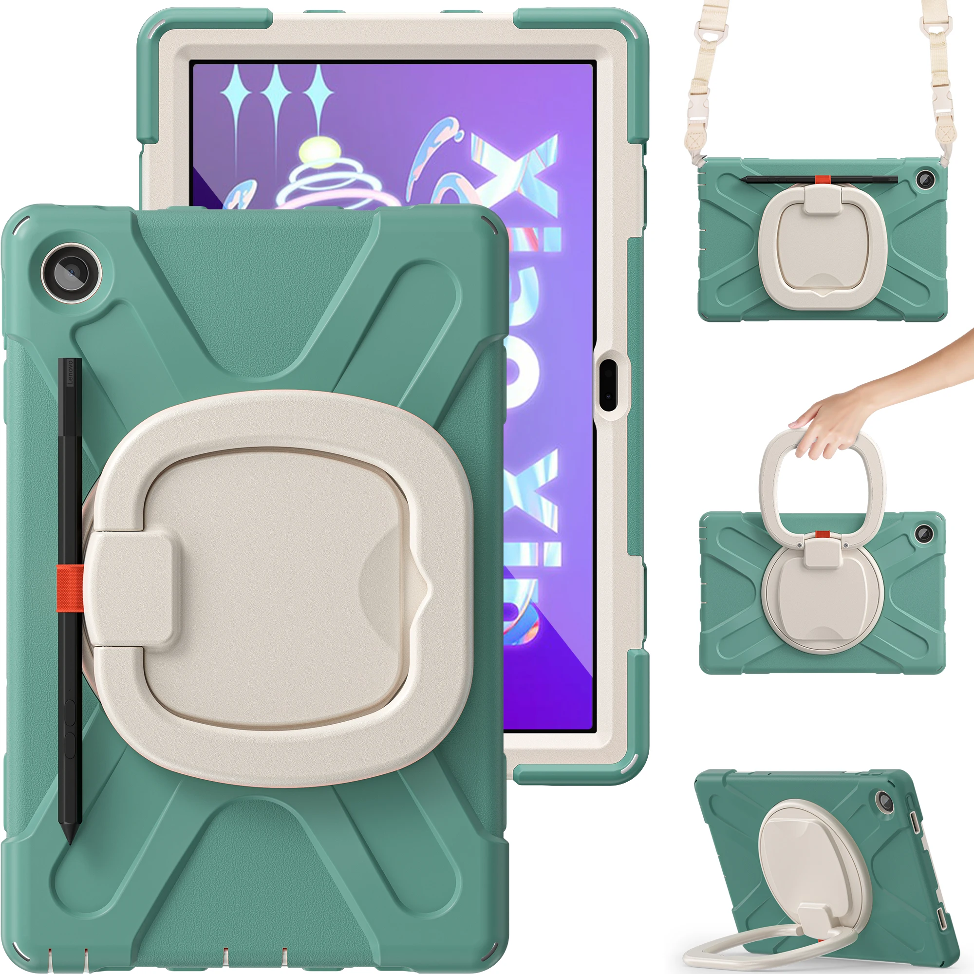 

Kids Stand Case For Lenovo Tab M10 Plus 3rd Gen. Xiaoxin Pad 10.6 2022 TB125FU TB128XU Armor Rotating Cover With Shoulder Strap