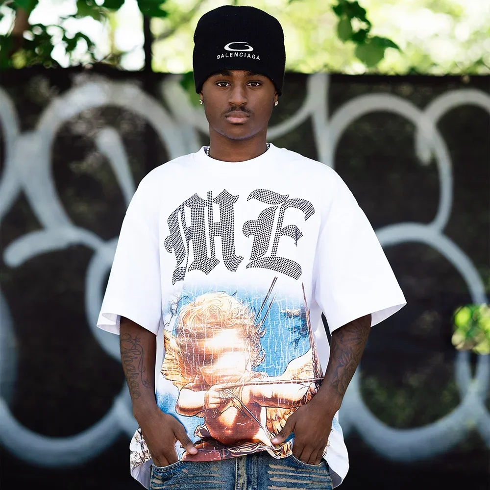 جديد الصيف رسالة حجر الراين قصيرة الأكمام الأسود تي شيرت رجالي الشارع الشهير فضفاض طاقم الرقبة الأعلى ثلاثية الأبعاد تي شيرت مطبوع للجنسين تي شيرت #3