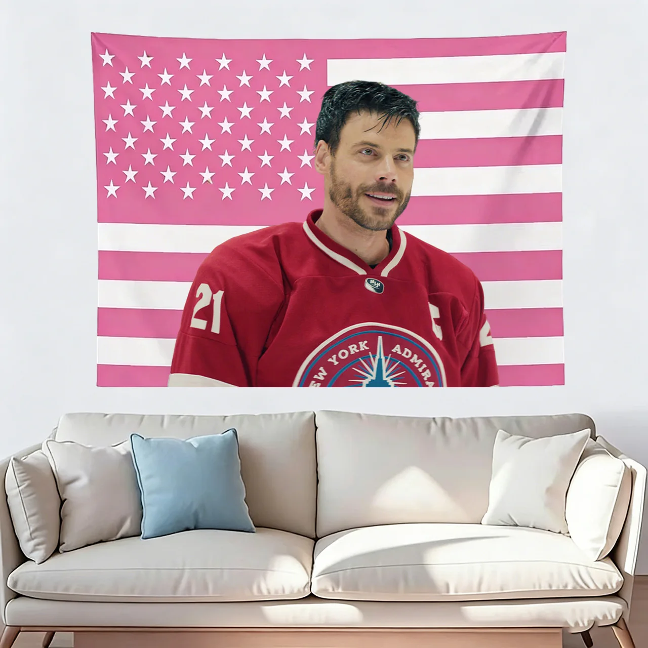 Tapisserie de joueur de hockey 21 avec drapeau américain rose, décoration murale esthétique des Admirals de New York, décoration de chambre pour les fans