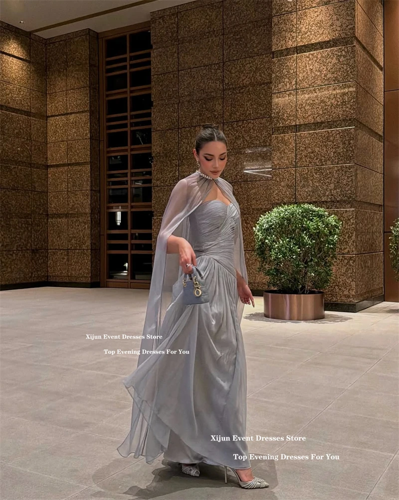 Xijun 우아한 쉬폰 롱 이브닝 드레스 스윗하트 A라인 케이프 프롬 드레스 플리츠 사우디아라비아 정장 프롬 가운 맞춤 제작