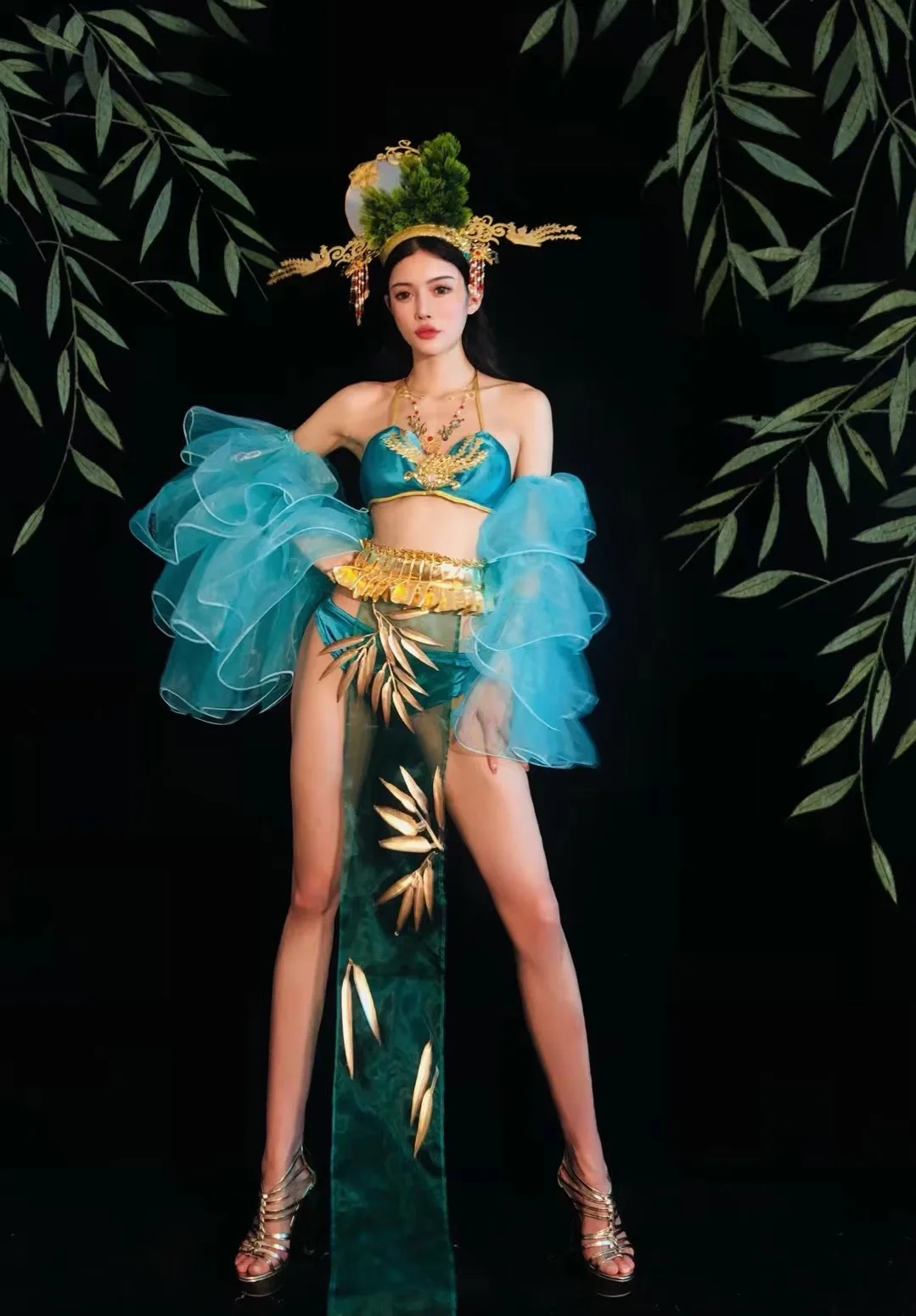 Boate gogo dança traje estilo chinês sexy biquíni pólo roupas de dança malha manga capa cipreste headwear rave outfit