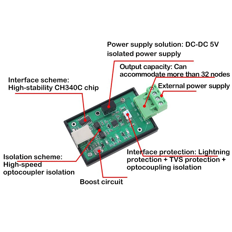 Isolated USB-RS485 Converter - Bidirectional Serial Port Industrial-grade Optocoupler Isolated Industrial Anti-electric Shock Co