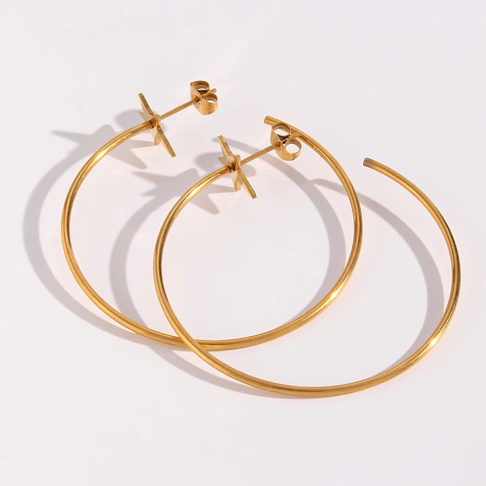 18K Gold Überzogene Edelstahl Große Stern Hoop Ohrringe Für Frau Hypoallergen Pentagramm Dünne Große Runde Schleife Ohrringe Schmuck – Detail 5