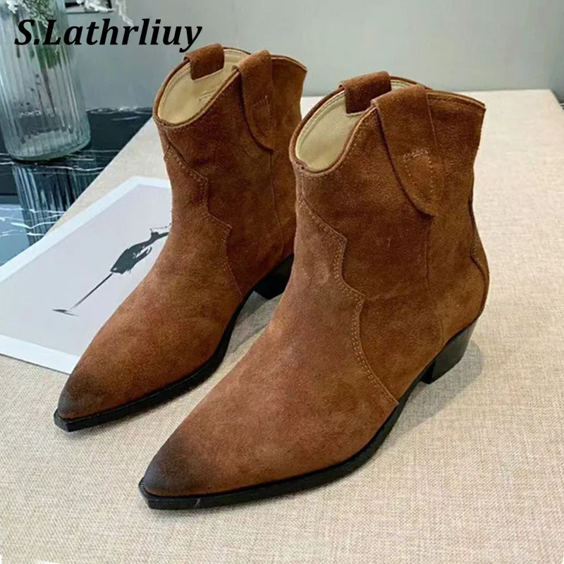 

2024 Autumn Winter Suede Chunky Heels Short Boots Women's Mid Heels Ankle Boots Pointed Toe Solid Color Retro Chelsea Botas