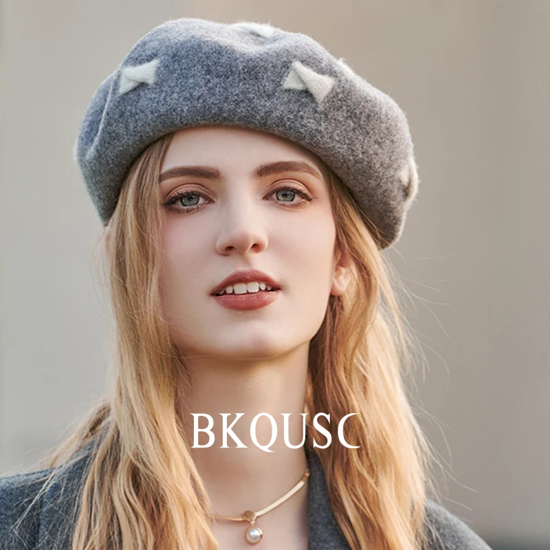 Bow Knot Wool Women\'s Berets Winter Warm Cute Splicing Painter Berets Cap Female Fashion Cashmere Cap Girl\'s Stylish Gray Beret