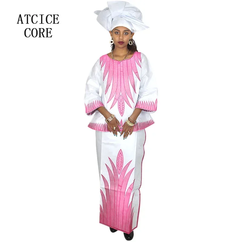 African Dresses For Woman Bazin Riche Embroidery Design Short Rapper With Scarf 3pcs One Set