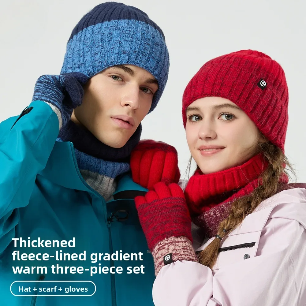 

European and American Winter Personalized Outdoor Travel Warm and Cold Proof Wool Ball Knitted Hat Scarf Gloves Three Piece Set