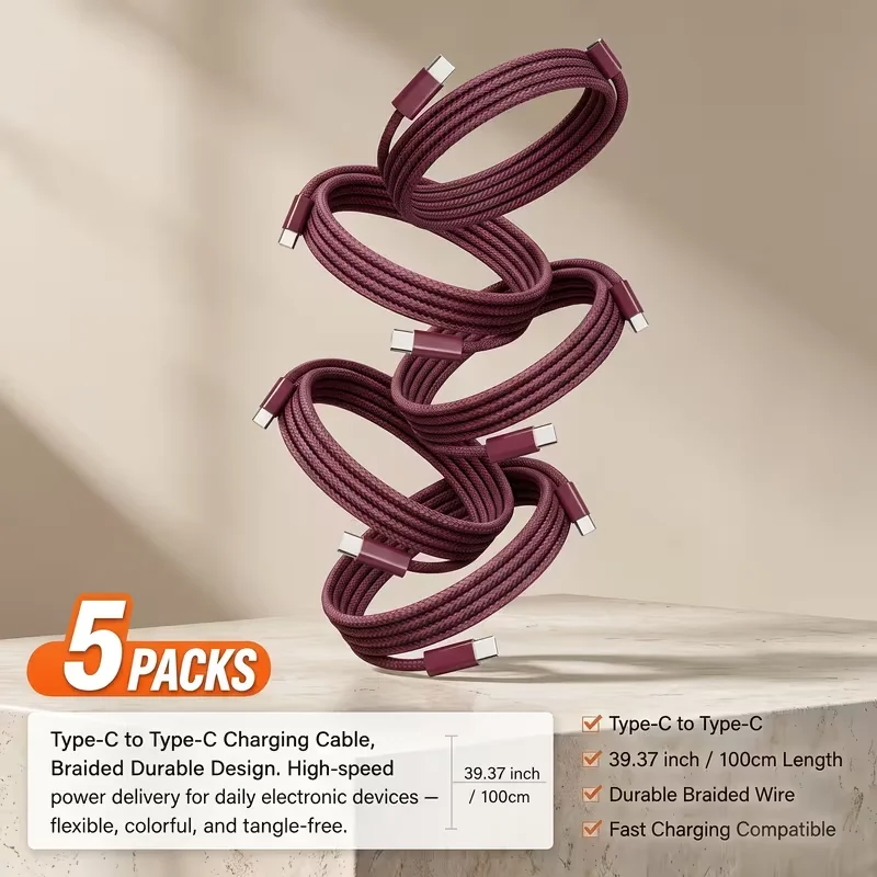 5 Pieces Of Wine Red Nylon Braided USB-C Fast Charging Data Cables, Each 3 Feet Long, Compatible With IPhone 16/15 Pro Max/17 Pro Max/18 Pro Max And All Type-C Devices