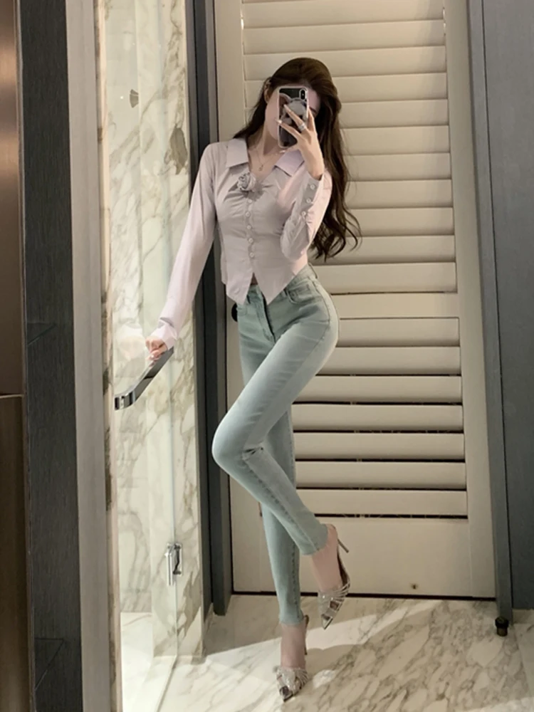 

High Waist Stretchy Faded Light Color Denim Jeans Women's Spring Summer Elastic Slim Fit Distred Ankle Length Pants