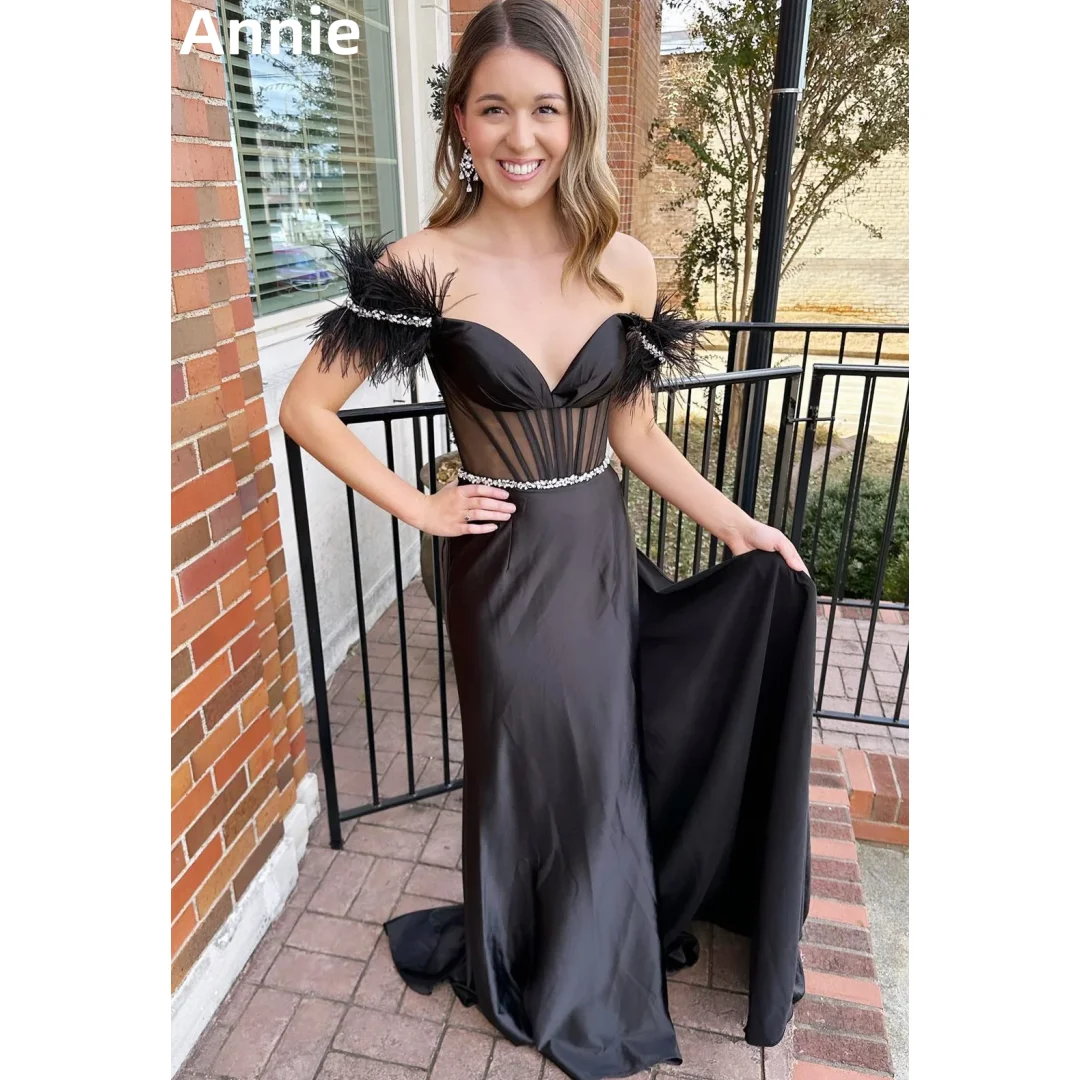 Annie Luxury Black Lace Silk Satin Prom Dresses Sexy Mermaid Evening Dresses Feather Beading Cocktail Dresses Wedding PartyDress