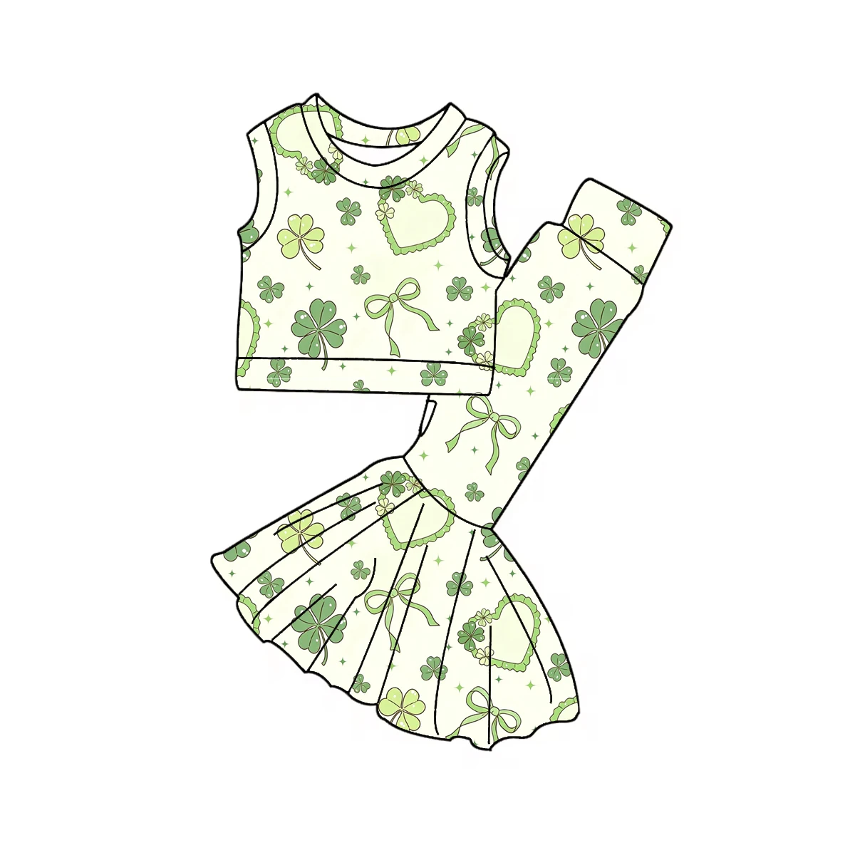 St. Parker's Day Boutique Children's Suit Four Leaf Clover Rainbow Print Sleeveless Bell Bottom Girls Suit