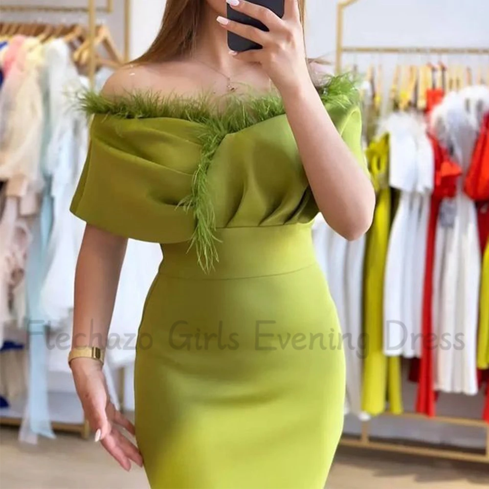 Flechazo Knee Length Sheath Evening Dress Off the Shoulder with Feathers and Pleat Short Sleeves Jersey Women Wedding Party Gown