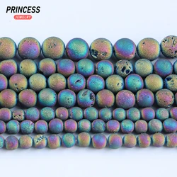 A++ Natural Druzy Agate Coated Metallic Titanium Loose Stone Beads for Jewelry Making Bracelet DIY Accessories 4 6 8 10 12mm