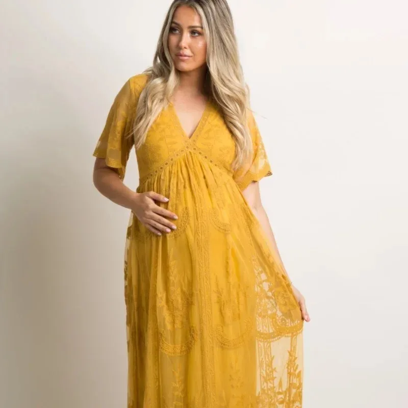 Long Maternity Dresses For Photo Shoot Sexy Lace Fancy Pregnancy Dresses Flare Sleeve Pregnant Women Maxi Gown Photography Props