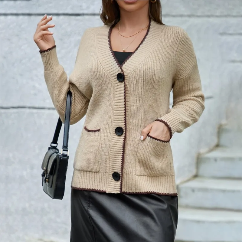 

V-neck Long Sleeved Cardigan Single Breasted Women Autumn Winter Sweater Contrasting Color Edging Pockets Casual Knitted Jacket